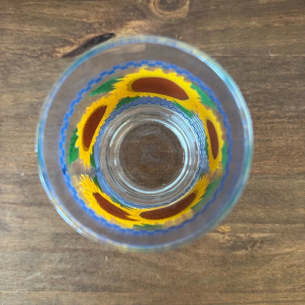 Vintage Sunflower Drinking Glass Blue Checkered Tall Tumbler Replacement Farm